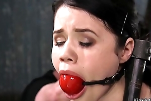 Gagged babe with lozked neck whipped