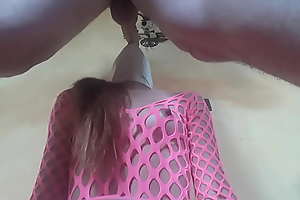 Debilitating pink fishnet catsuit and pink parade exhibit ankle boots  Rough  blowjob